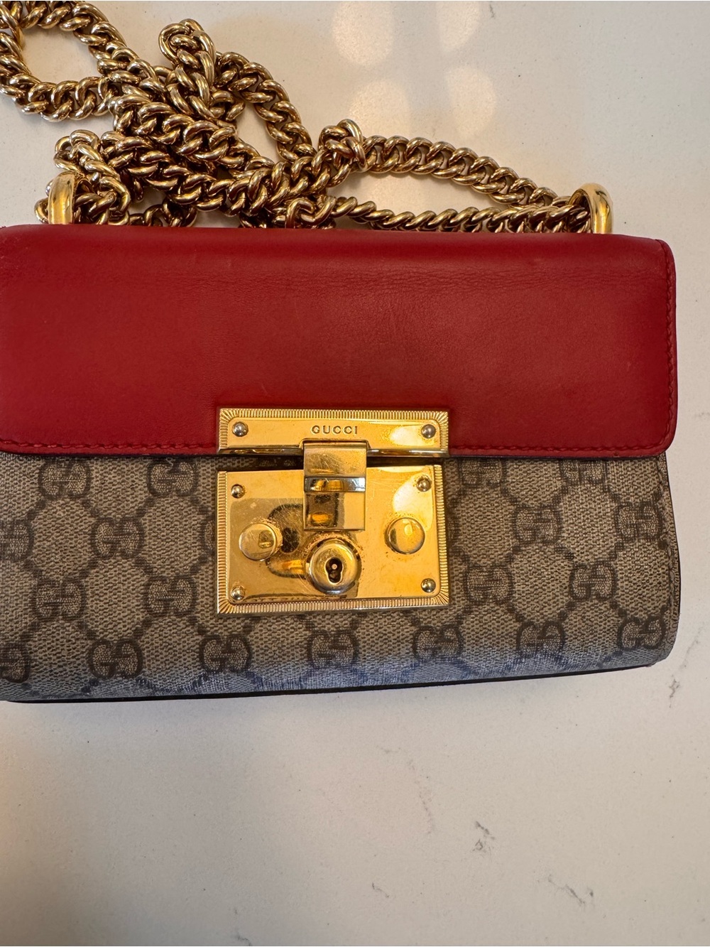 Gucci Red + Pink Leather & Monogram GG Canvas Crossbody with Gold Chain - Picture 5 of 12